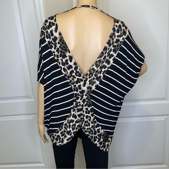 Coco Kelly Striped Blouse With Open Back Black White Leopard Detail Size 3X - Picture 6 of 11